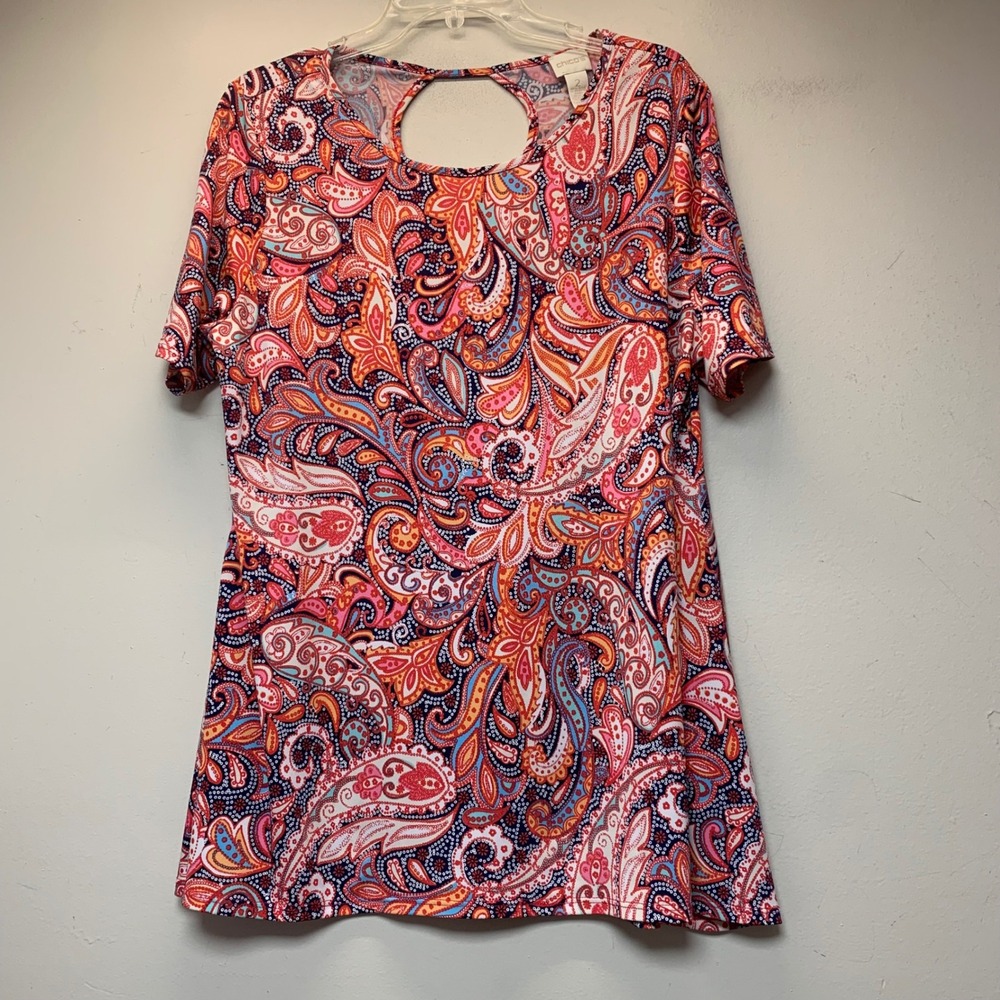 Chico's Paisley Tunic Women 2 Large Multicolor Excellent Keyhole Back Knit Top